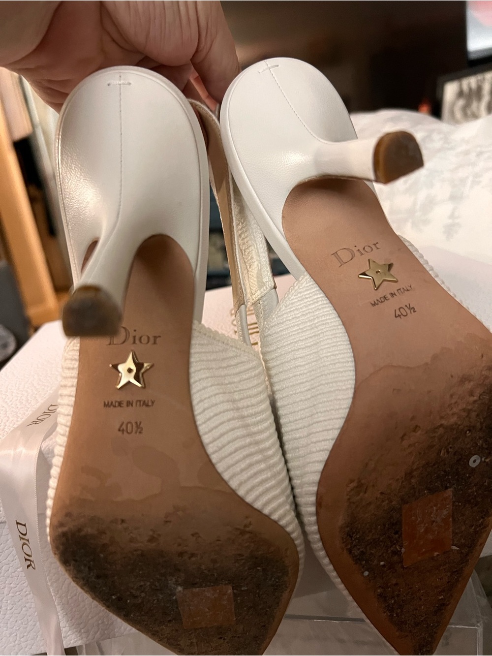 DIOR White/Cream Pointed-Toe Slingback Fabric Heels w/ J’Adior Bow 10.5; 4” heel - Picture 13 of 14